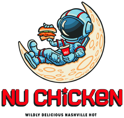 NU CHiCKEN mascot — astronaut on moon